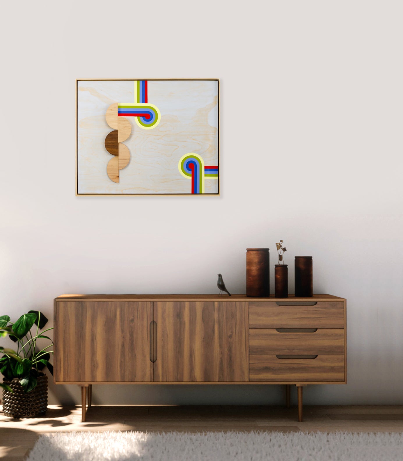 Modern geometric wall art in living room